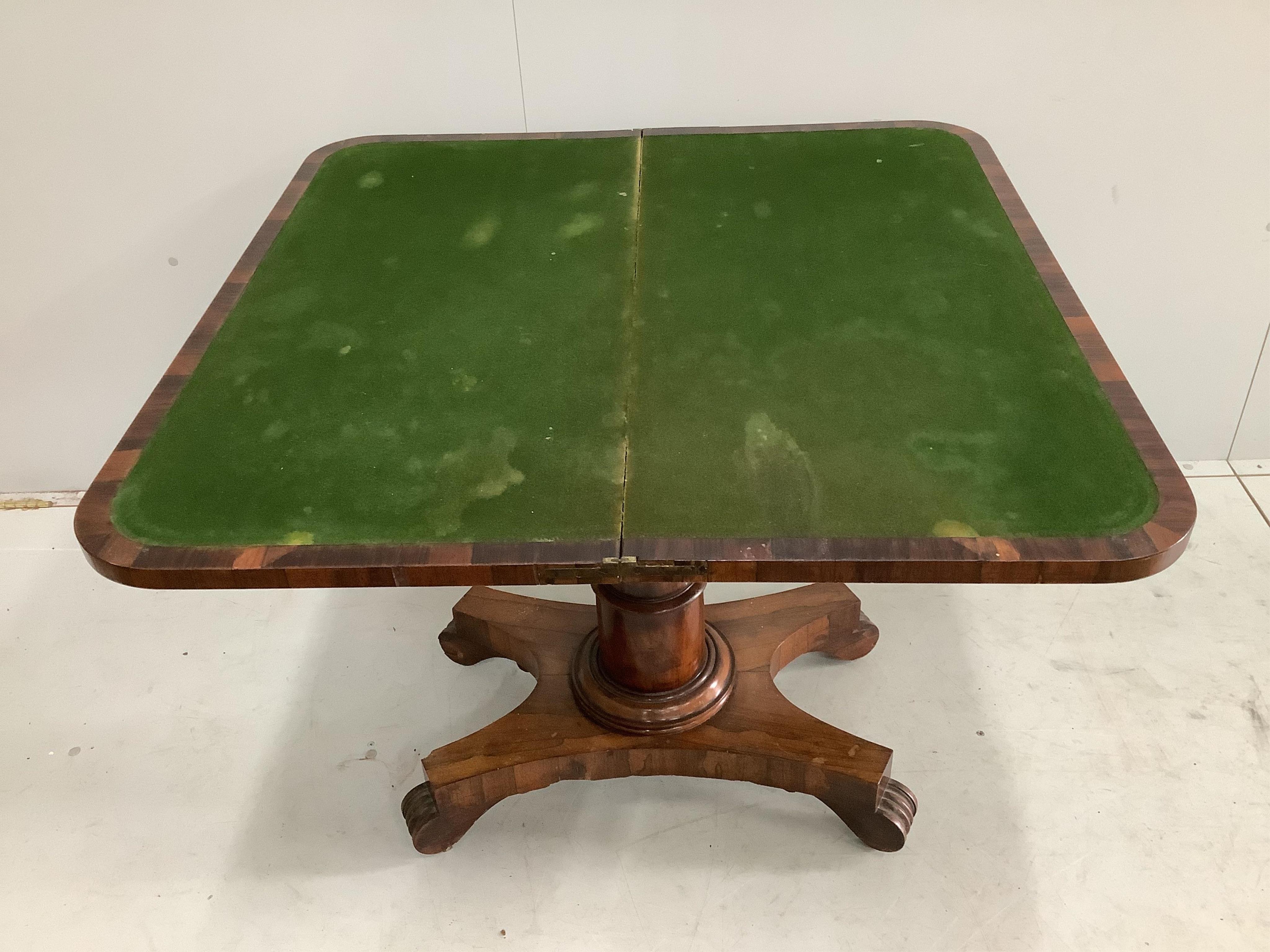 An early Victorian rosewood folding card table, width 90cm, depth 44cm, height 75cm